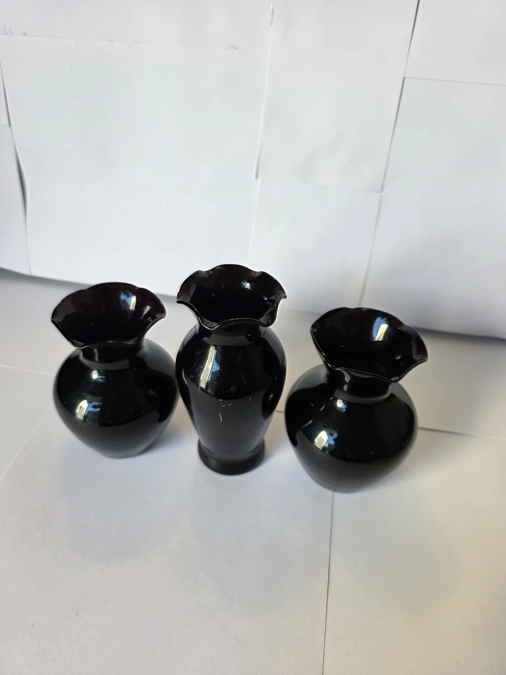 Vintage Black Amethyst Glass Vase Set 3 Ruffled Edge Flower Vases